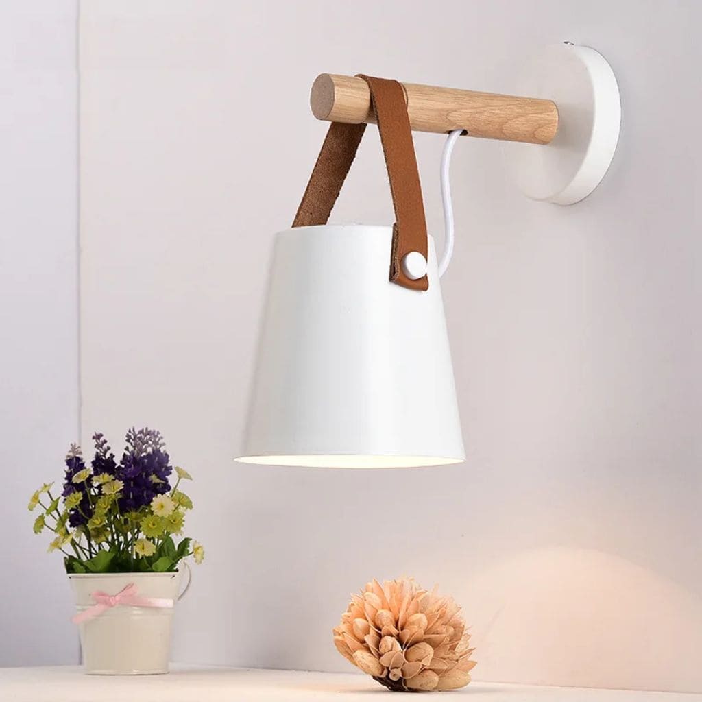 Modern Nordic LED wall light, wood and leather