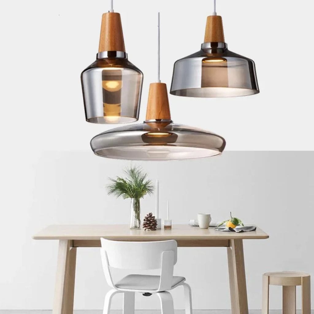 Scandinavian glass and wood hanging lamp