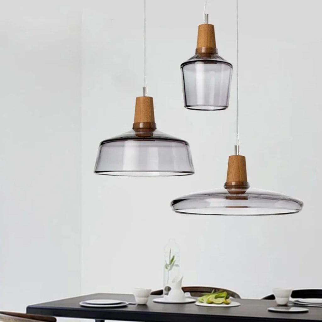 Scandinavian glass and wood hanging lamp