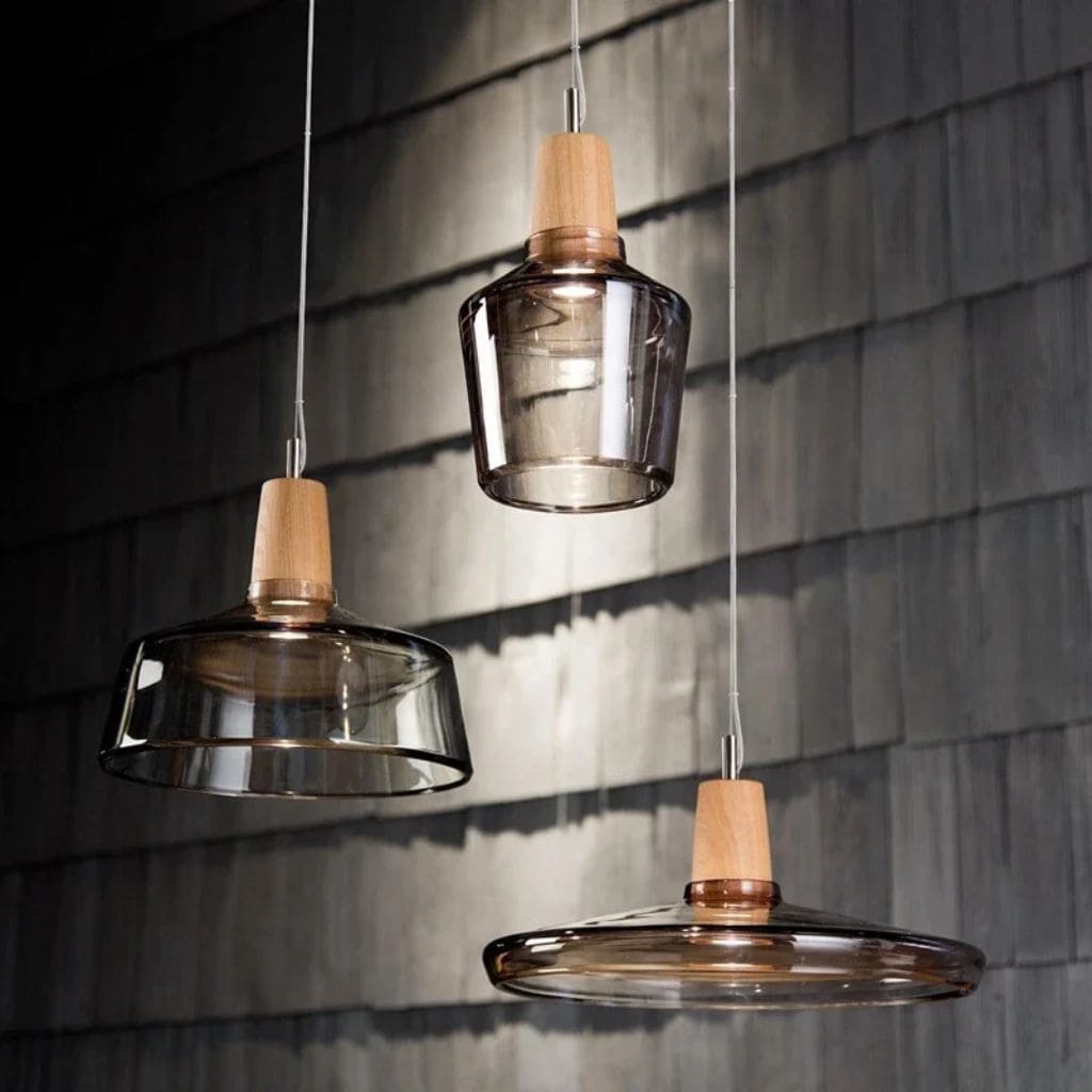 Scandinavian glass and wood hanging lamp