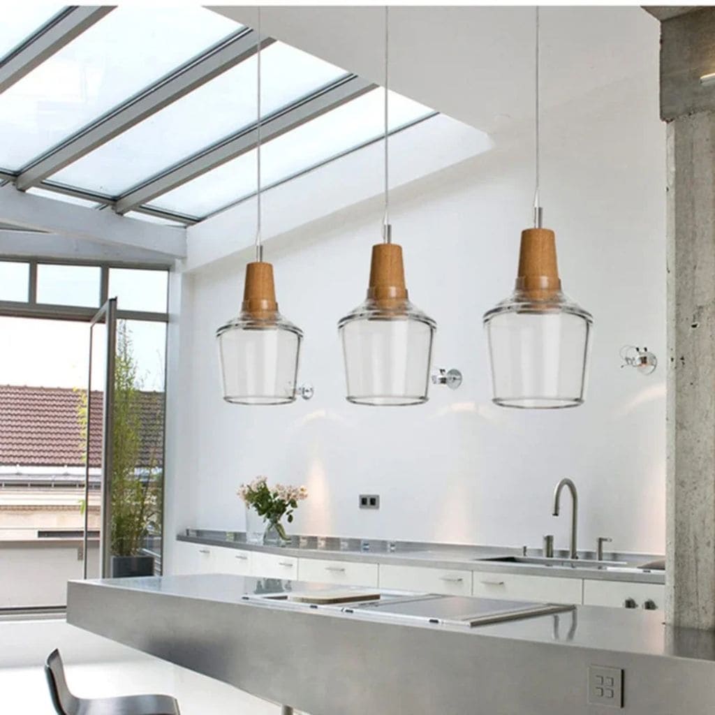 Scandinavian glass and wood hanging lamp
