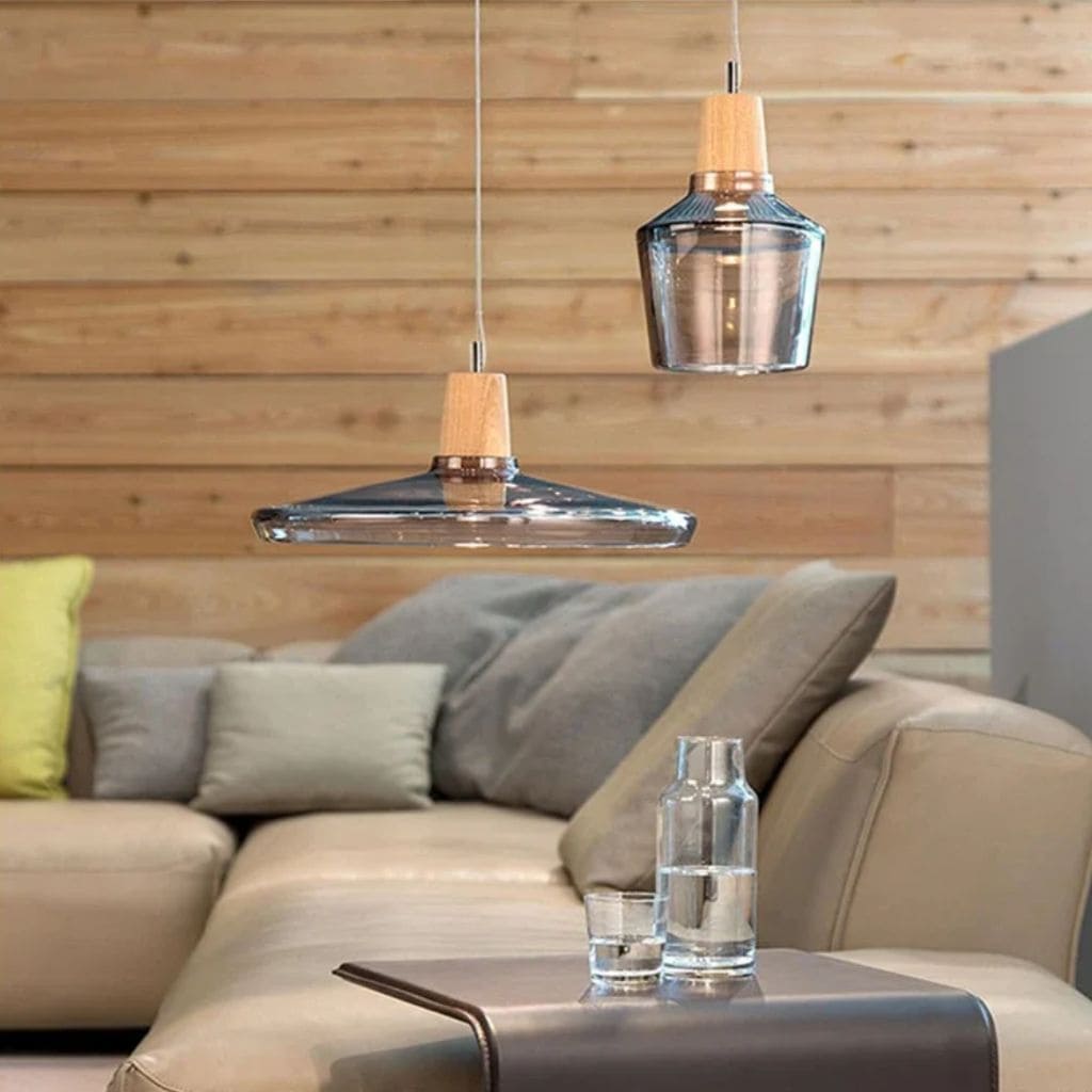 Scandinavian glass and wood hanging lamp
